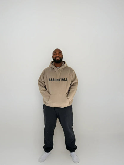 Essentials Hoodie - Tan Oversized Long-Sleeve Pullover Unisex