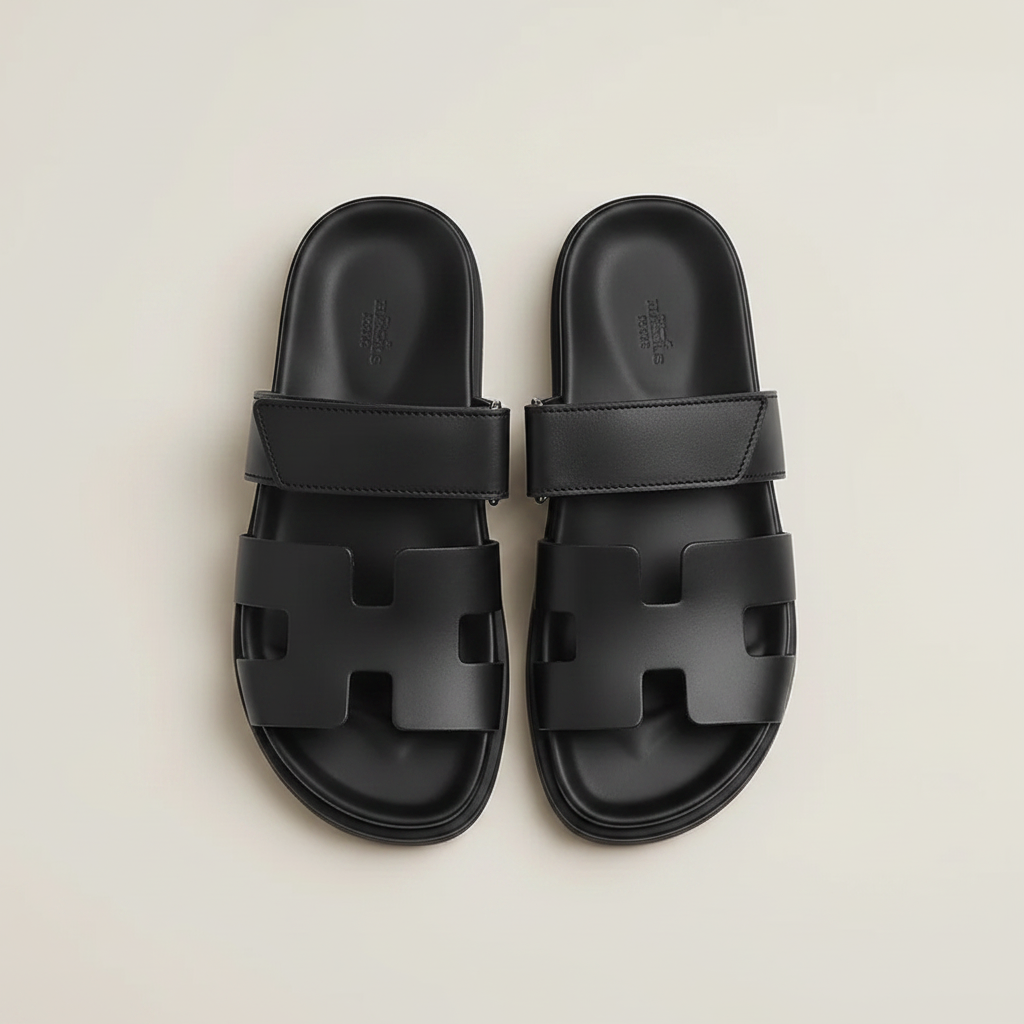 Black leather H-strap sandals top-down view